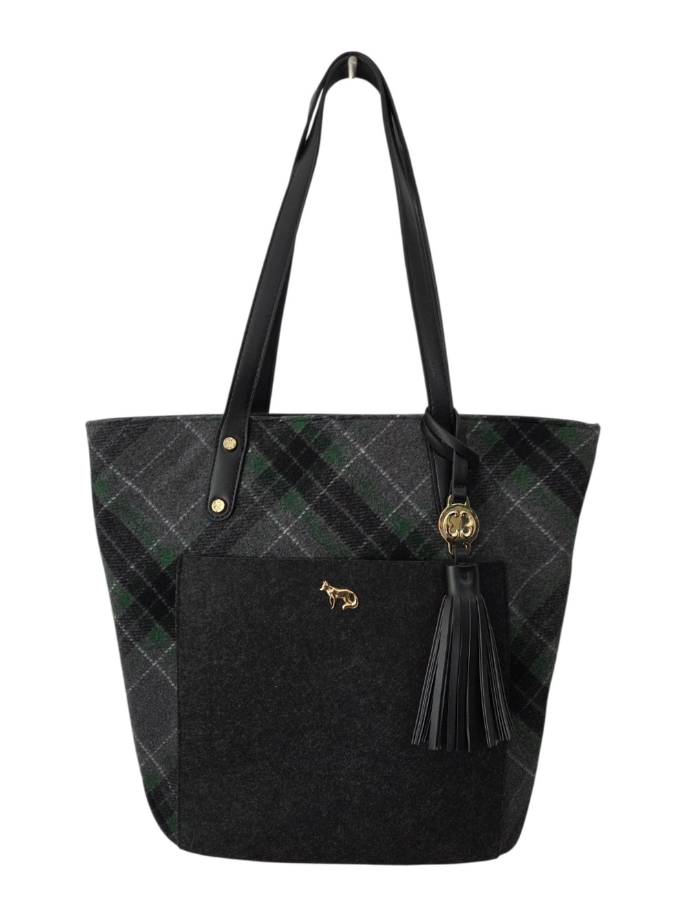 Emma Fox Black & Dark Green Wool Plaid Tote Bag with Tassel. Rare Color